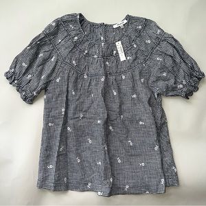 NWT Madewell Embroidered Gingham Shirred Puff-Sleeve Top